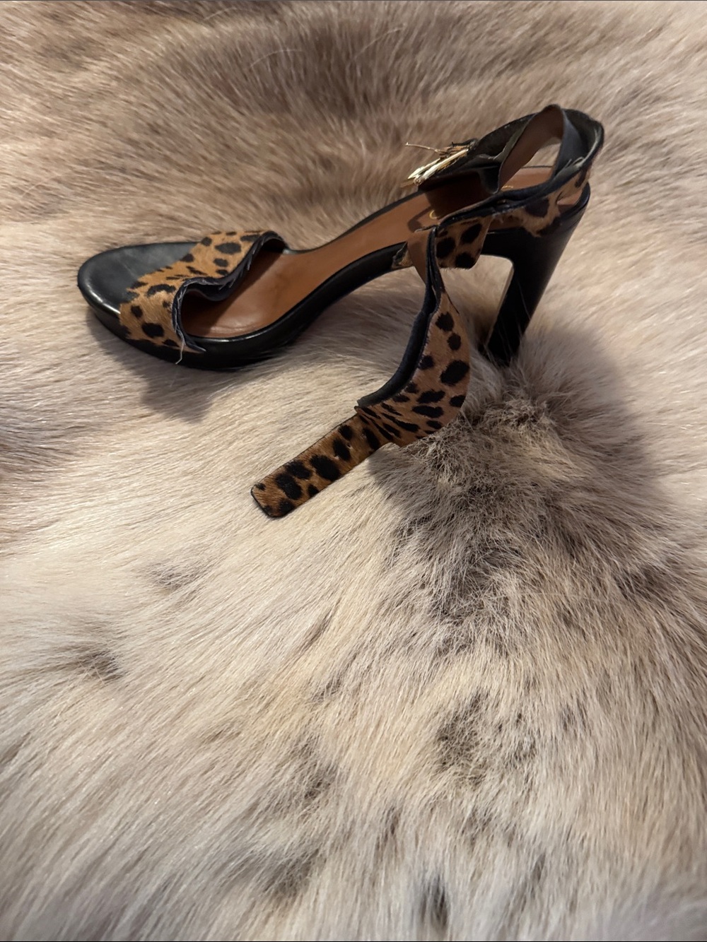 Franco Sarto Leopard-Print and Black Ankle-Strap Heels